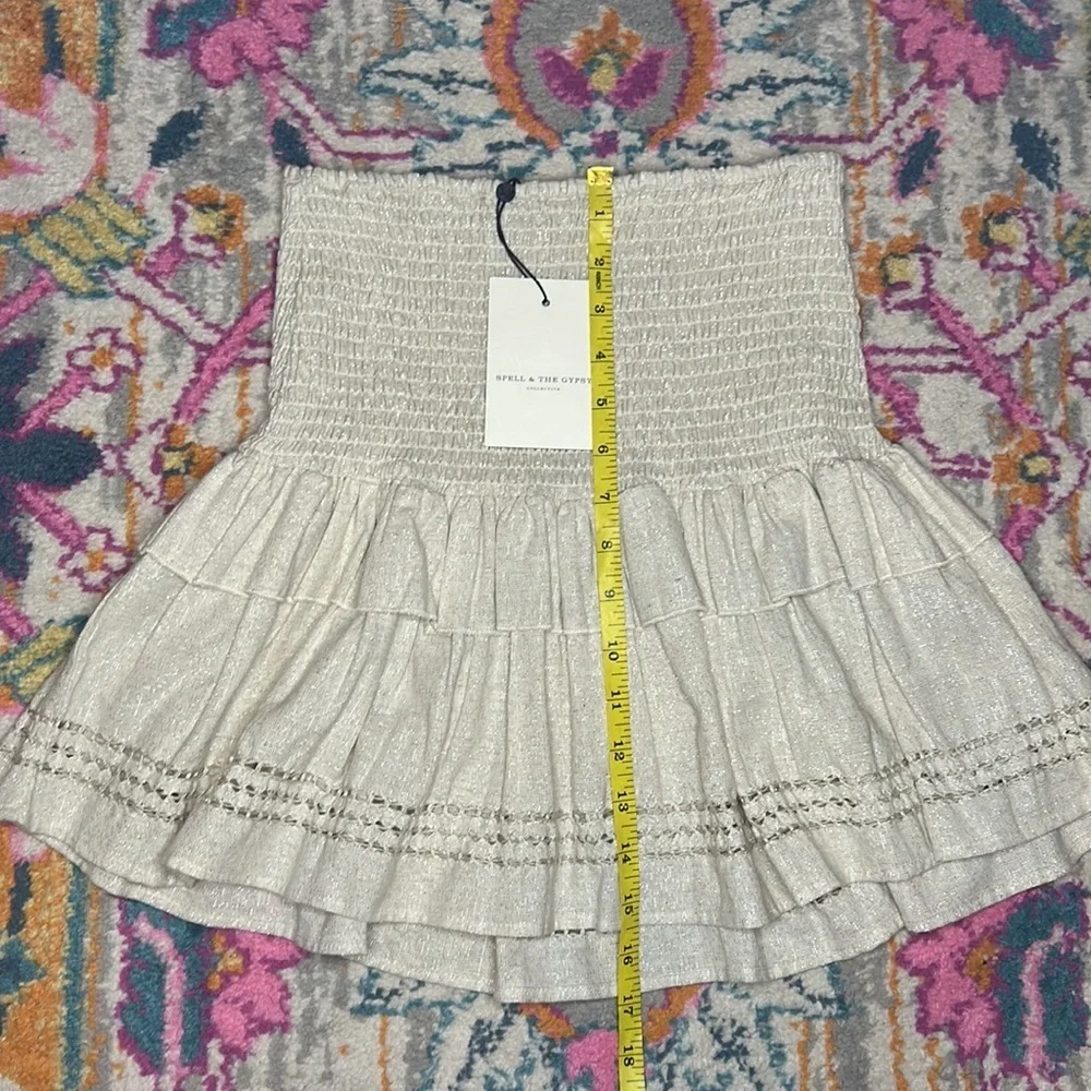 Spell & The Gypsy Collective Lola Ruched Metallic Mini Skirt Biscuit NWT Size XS